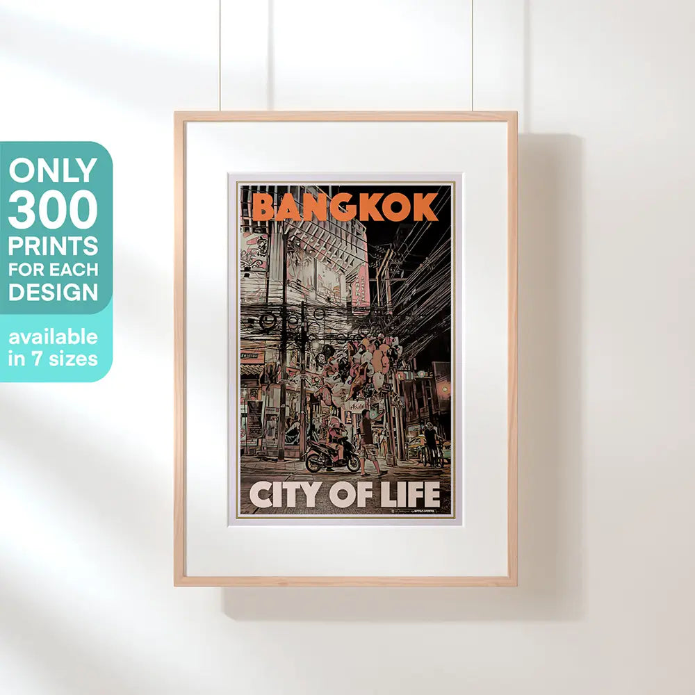 Framed 'City of Life' poster in hanging display, a limited edition art piece depicting Bangkok's Soi 19 by Alecse
