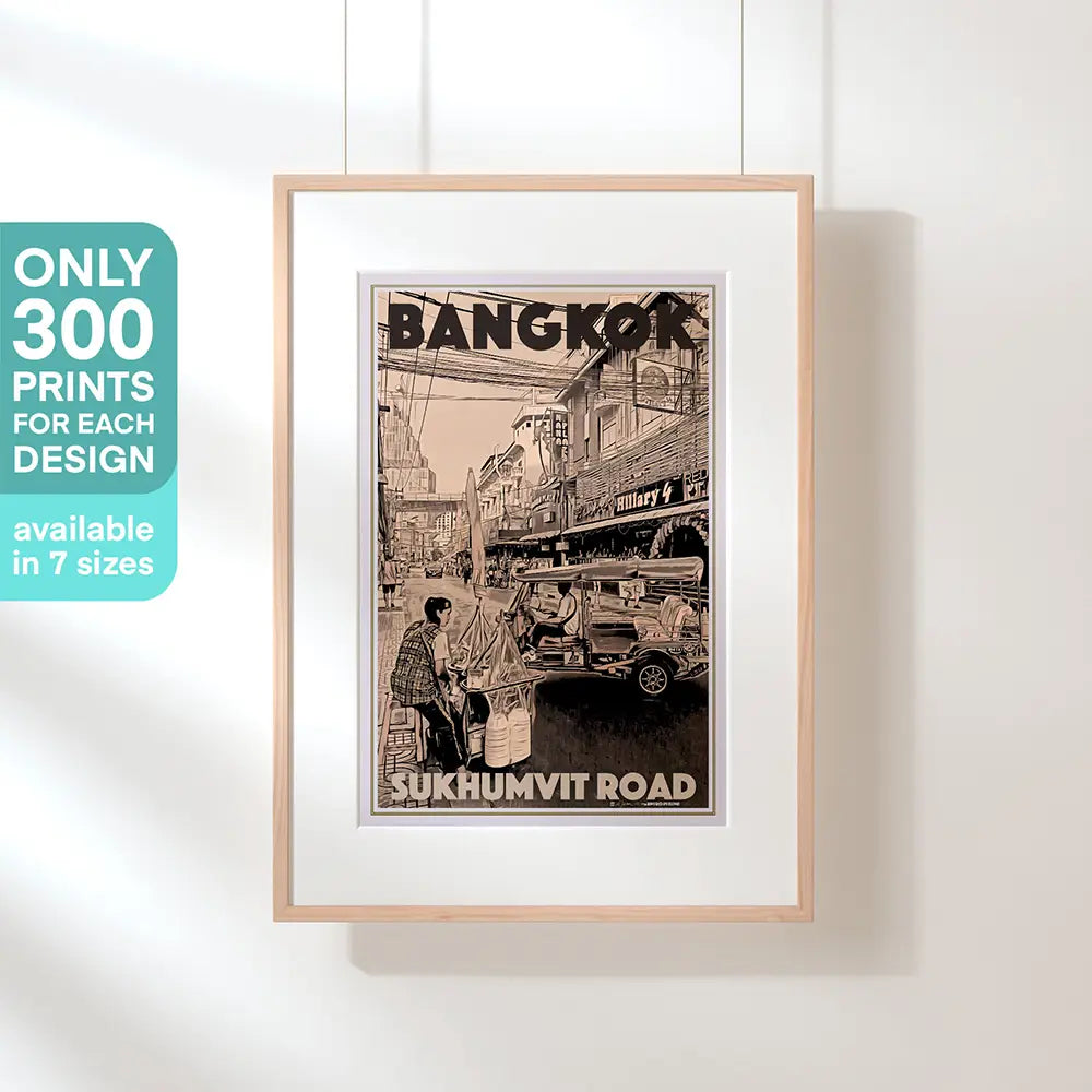 Full framed view of the vintage travel poster of Bangkok Sukhumvit Road by Alecse in natural light