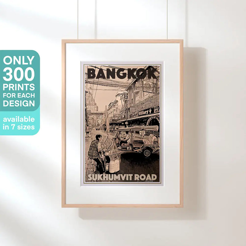 Full framed view of the vintage travel poster of Bangkok Sukhumvit Road by Alecse in natural light