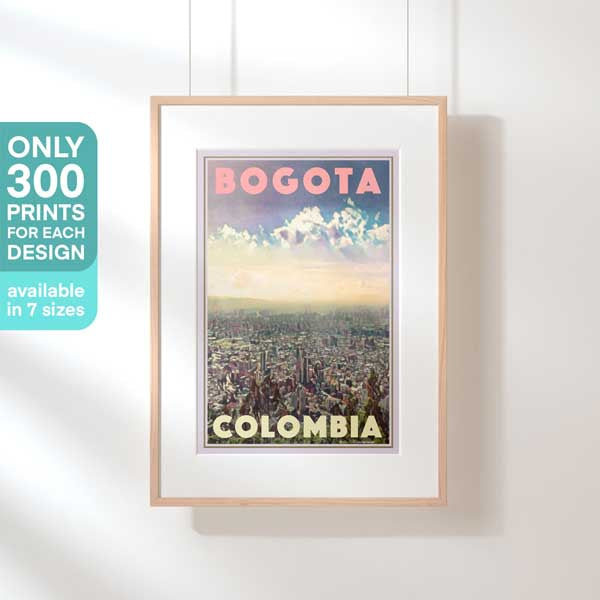 Bogota travel poster framed on white wall with soft daylight, showcasing pastel skyline and vintage typography – limited edition print