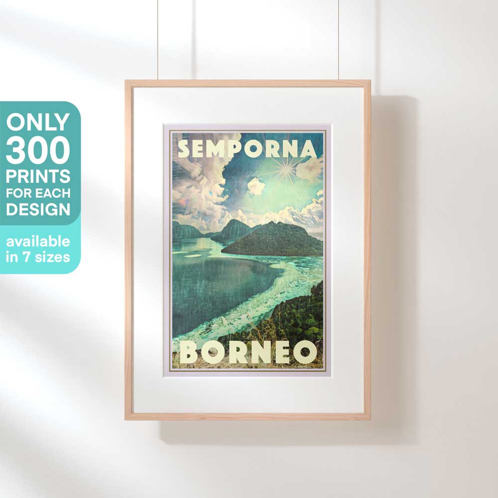 Hanging framed limited edition travel poster of Semporna, Borneo, capturing its untouched beauty in only 300 copies
