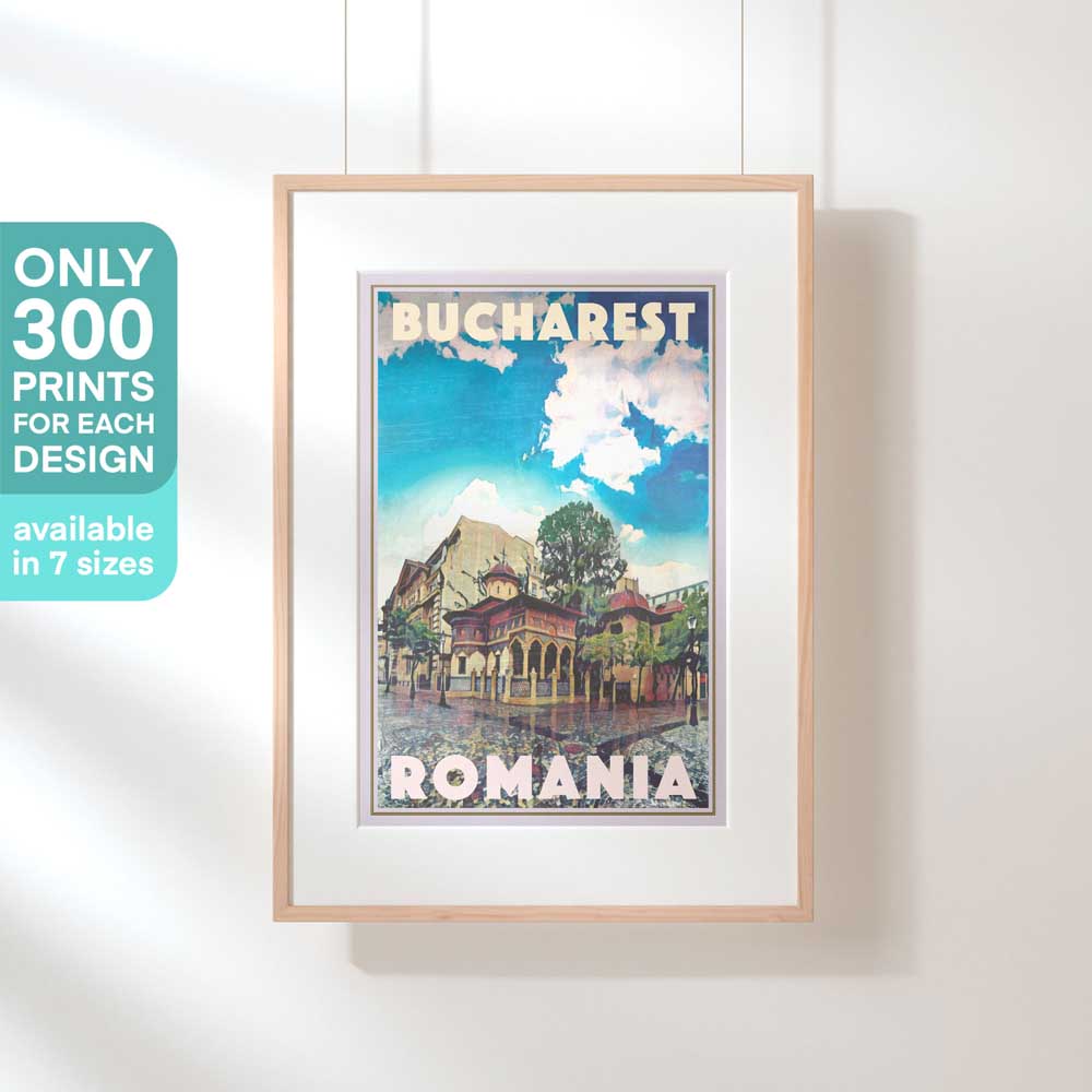Elegantly framed Bucharest poster by Alecse, marked as a limited edition collectible for art and travel enthusiasts