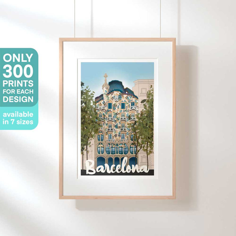 Barcelona Batlló retro poster hanging in a wooden frame, highlighting the artistic mosaic details of Gaudí’s masterpiece.