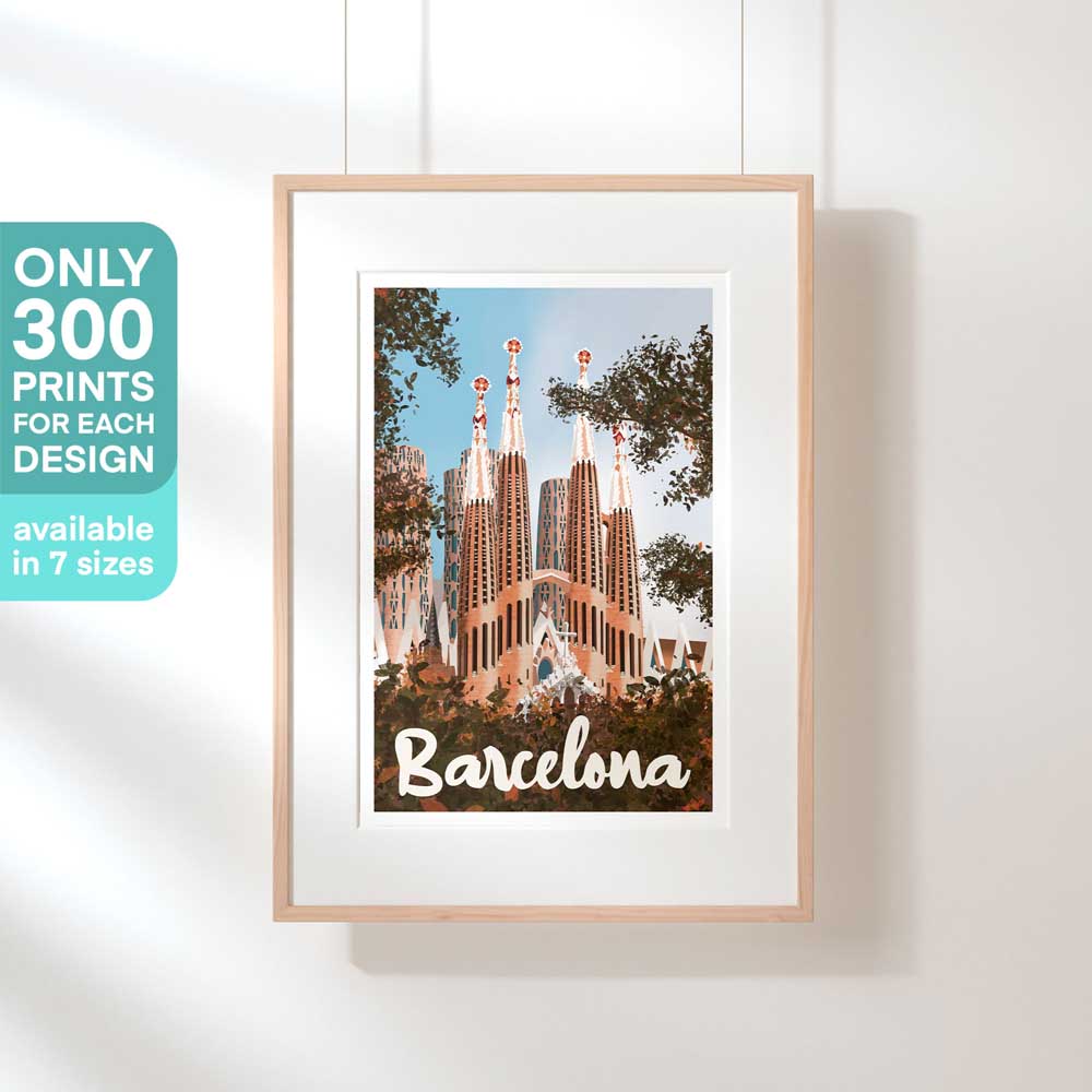 Barcelona Sagrada retro poster hanging in a wooden frame, showcasing the detailed spires and warm earthy tones of Gaudí’s masterpiece.