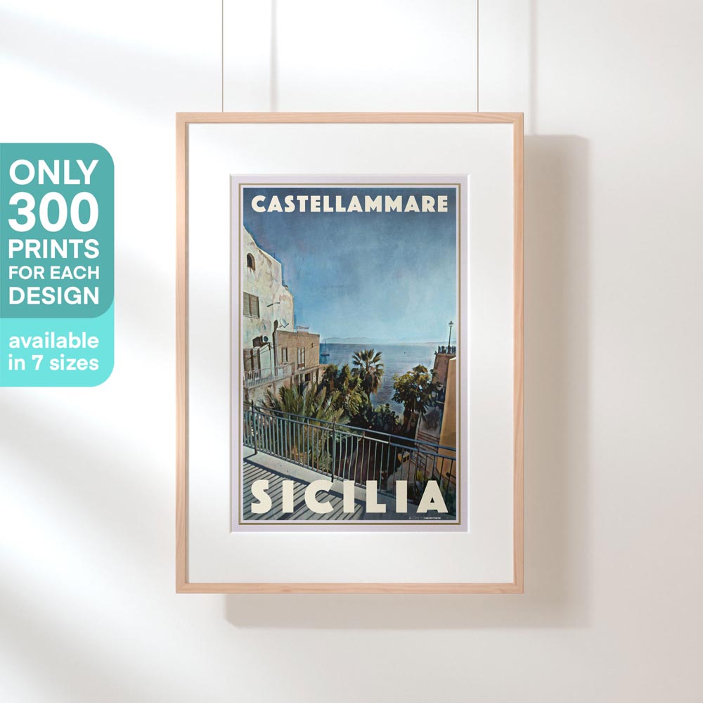 Framed travel poster of Castellammare Sicily, suspended with text indicating only 300 prints available