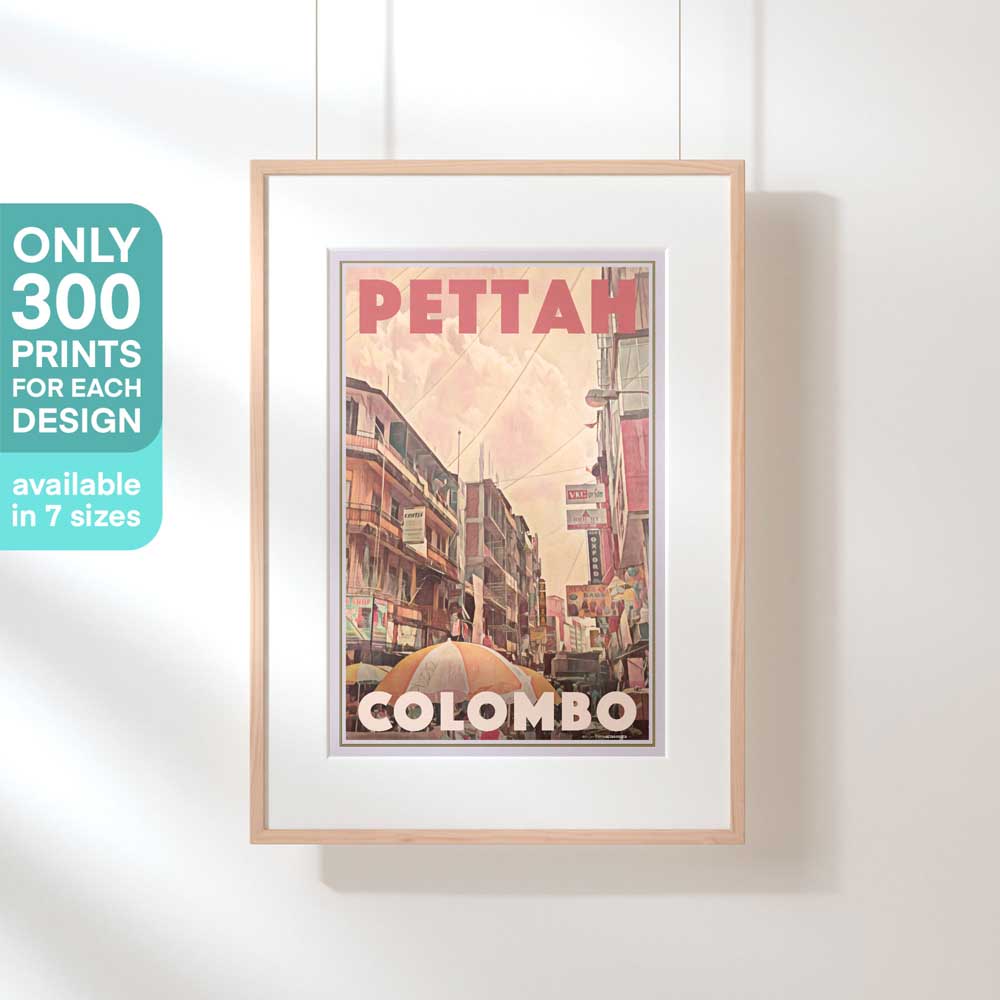 Colombo's Pettah Market travel poster in a hanging frame, denoting its exclusivity with a limited 300 edition series