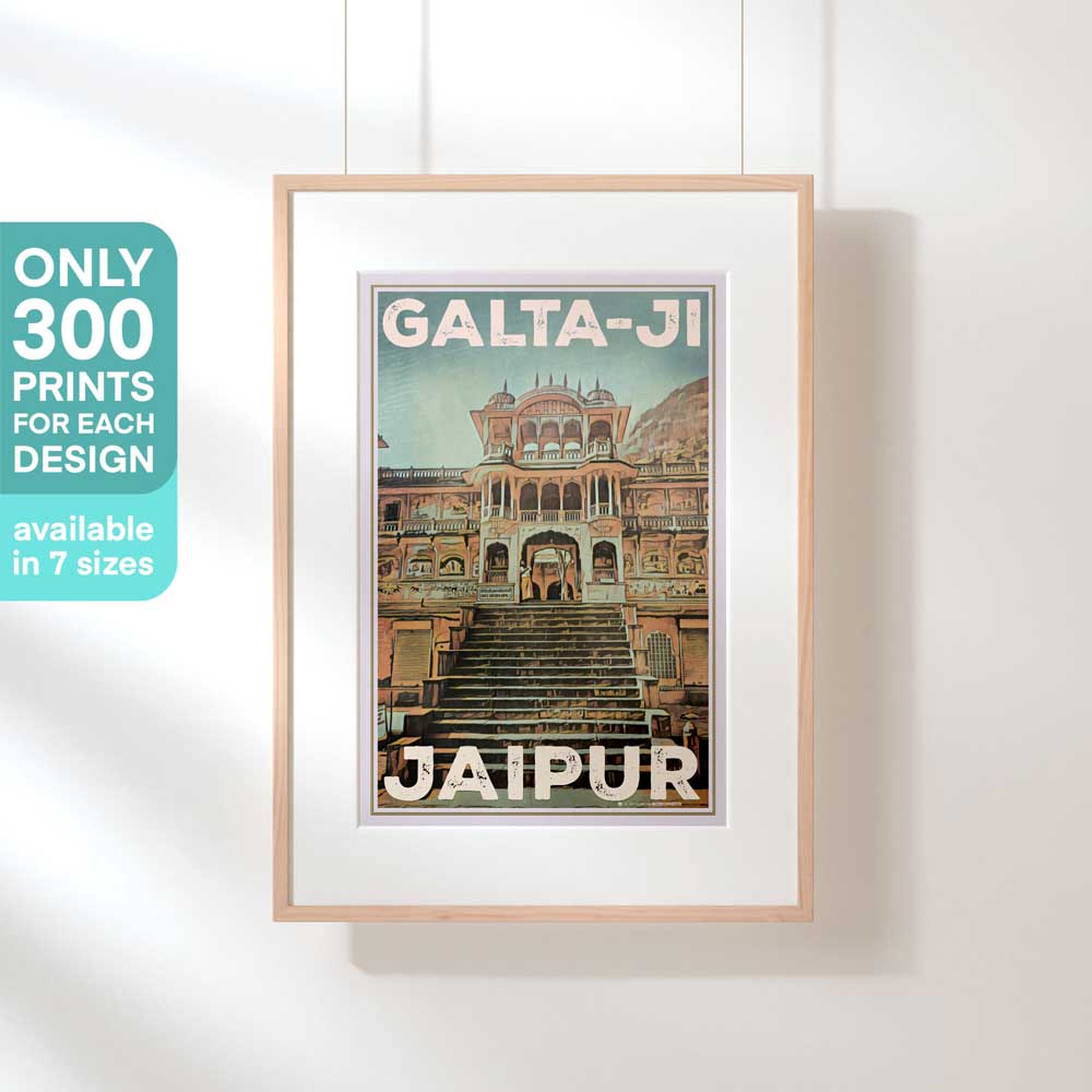 A limited edition Galta-Ji Jaipur poster in a stylish frame, one of only 300 copies, celebrates Indian heritage