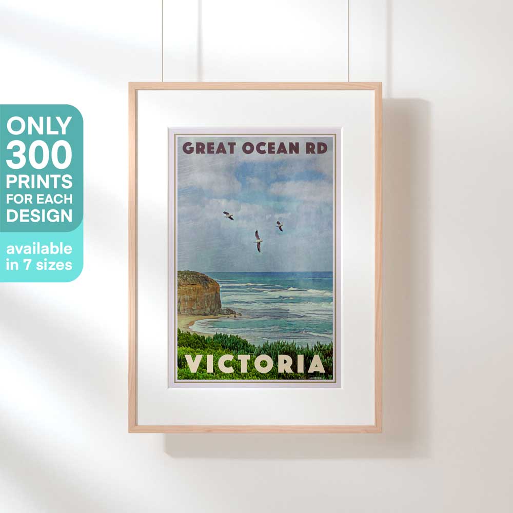 Hanging-frame image of the Great Ocean Road, Victoria travel poster, marked as a limited edition of 300 copies (not numbered)