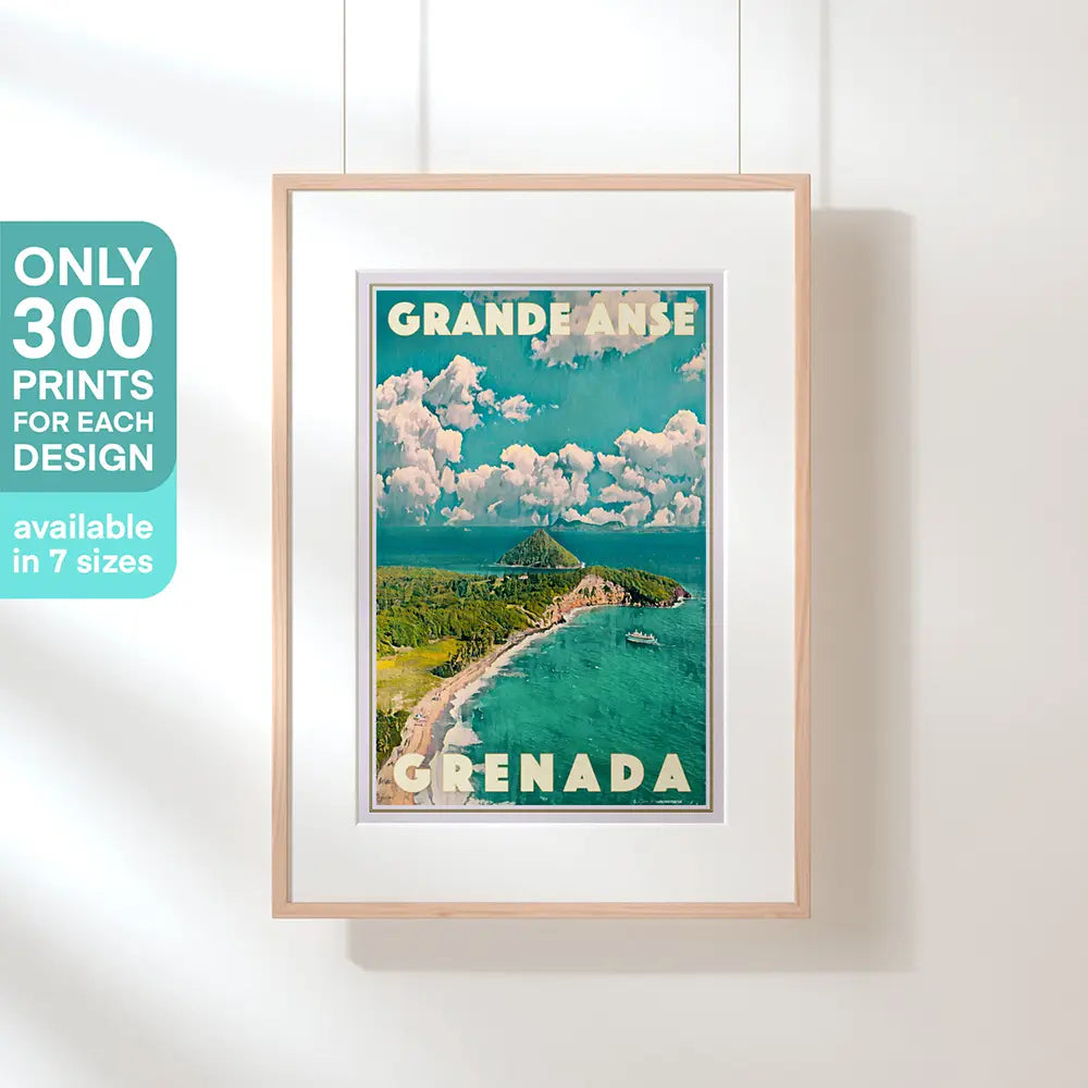 Framed vintage travel poster of Grande Anse Grenada hanging on wall with natural light