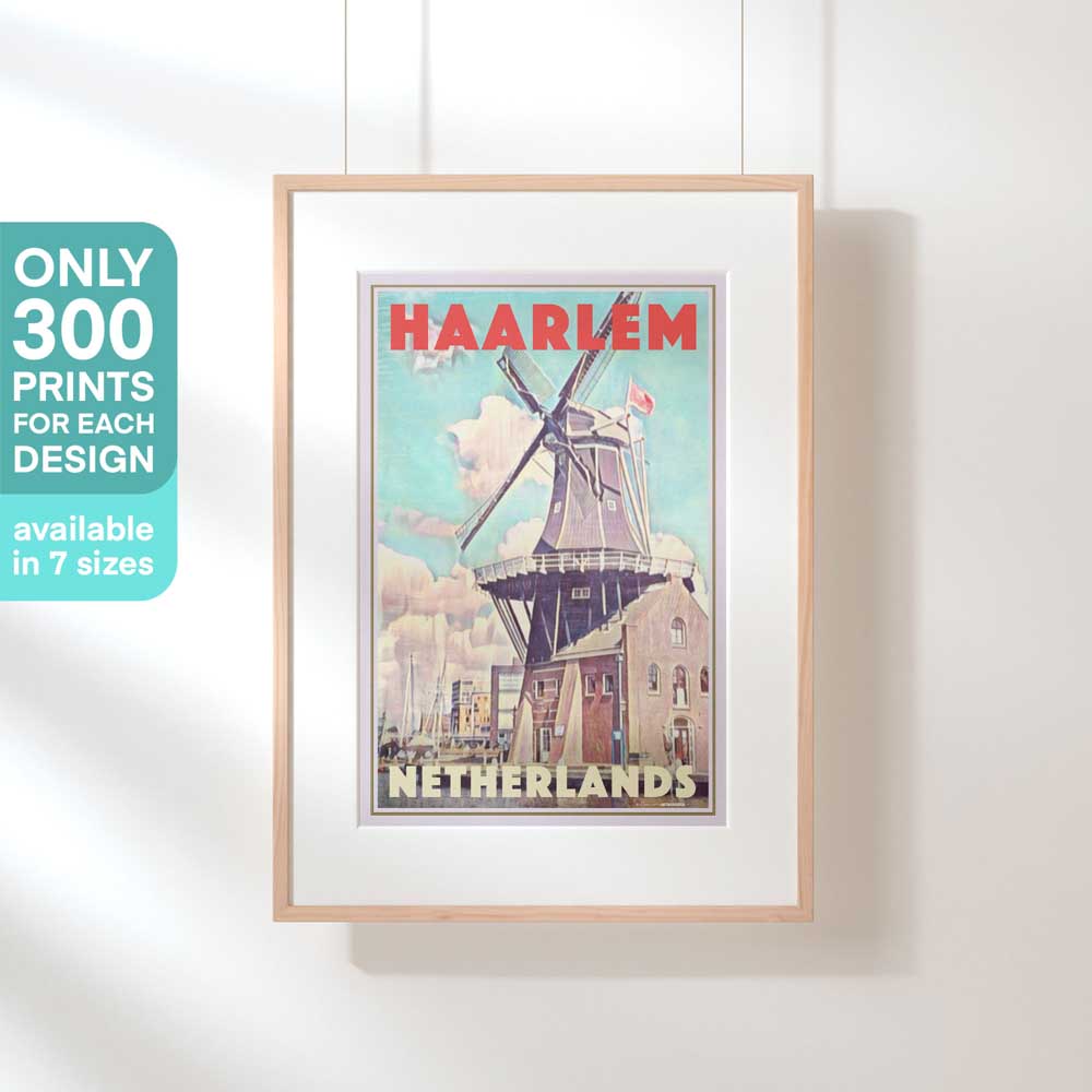 Haarlem travel poster in a hanging frame, emphasizing the limited 300 copies edition, capturing the essence of the Netherlands