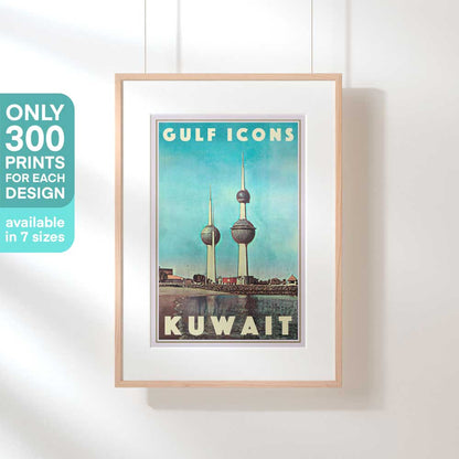 Framed Kuwait Towers travel poster – A framed vintage travel poster of the Kuwait Towers, depicting the iconic Gulf landmarks in soft nostalgic tones and limited edition. 
