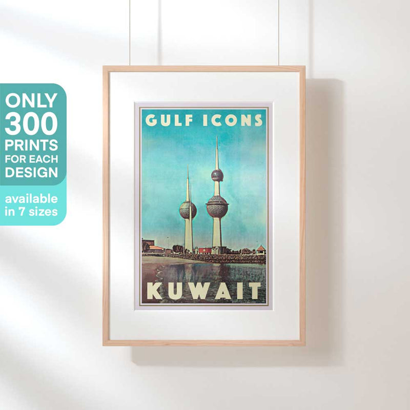 Framed Kuwait Towers travel poster – A framed vintage travel poster of the Kuwait Towers, depicting the iconic Gulf landmarks in soft nostalgic tones and limited edition. 
