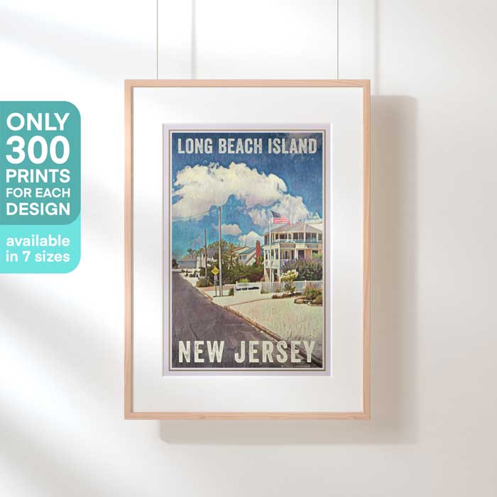 Long Beach Island New Jersey vintage travel poster framed on white wall – retro-style coastal decor by Alecse
