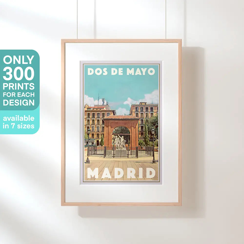 Framed vintage travel poster of Madrid’s Dos de Mayo Square by Alecse, limited to 300 prints.