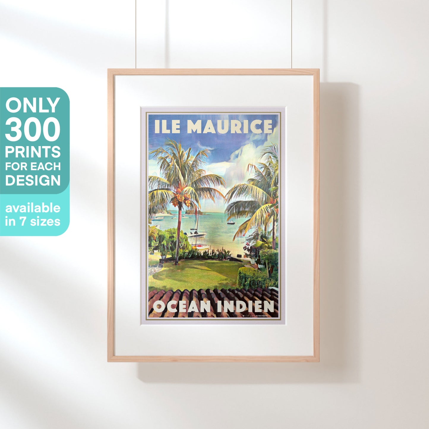 Mauritius poster in a hanging frame with text highlighting its 300 copies limited edition status.