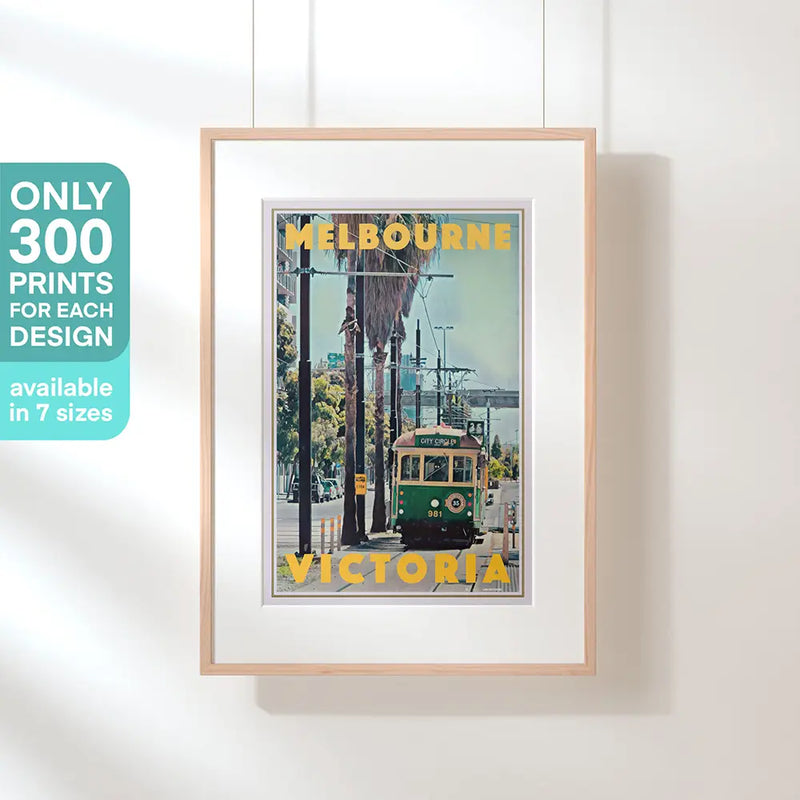 Vintage Melbourne travel poster featuring the iconic green City Circle tram number 35 on La Trobe Street, limited edition art print by Alecse