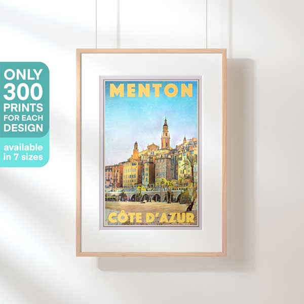 Menton travel poster in a hanging frame highlighting the 300 copies limited edition