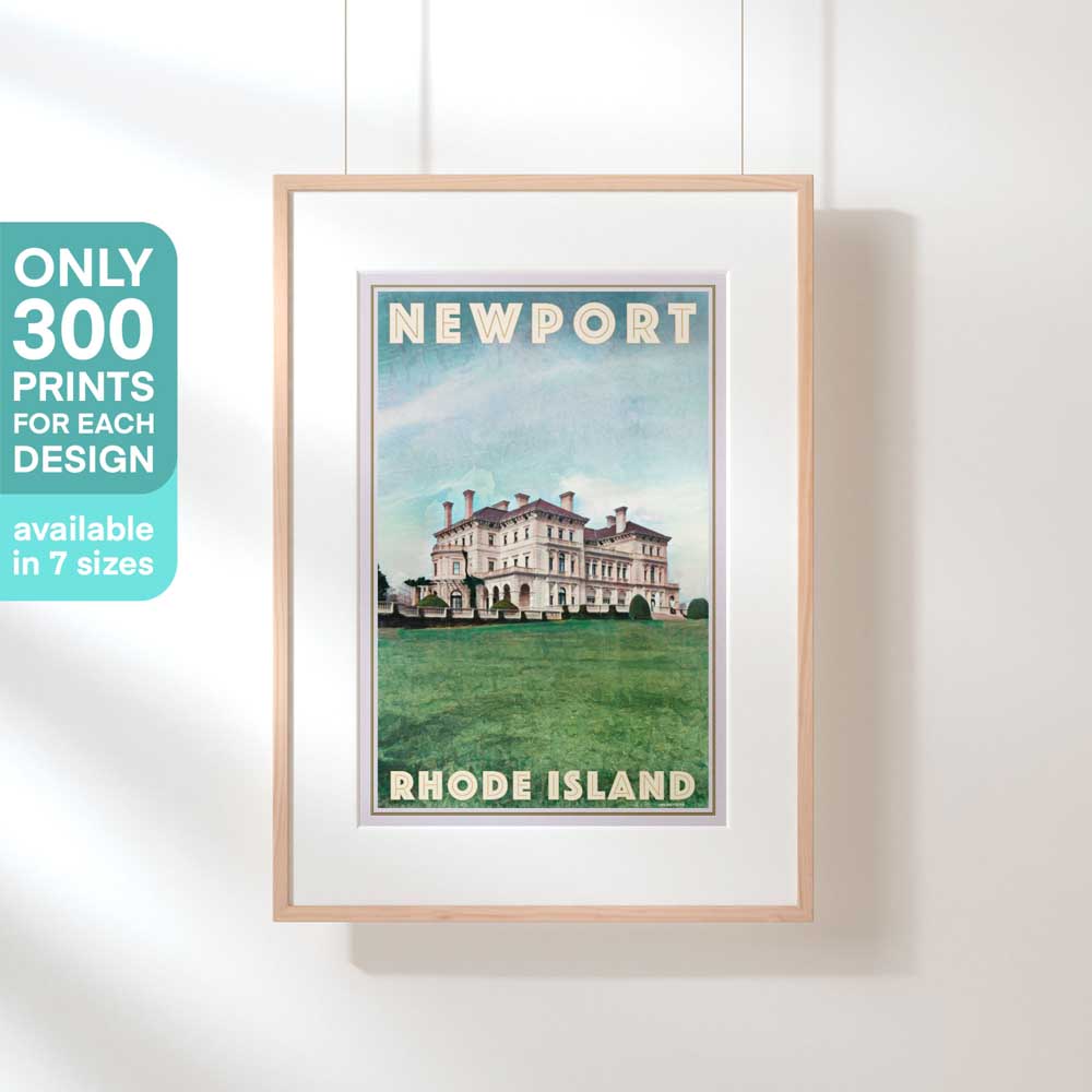 Limited edition poster of The Breakers in Newport hanging on a wall, part of a 300-copy exclusive series
