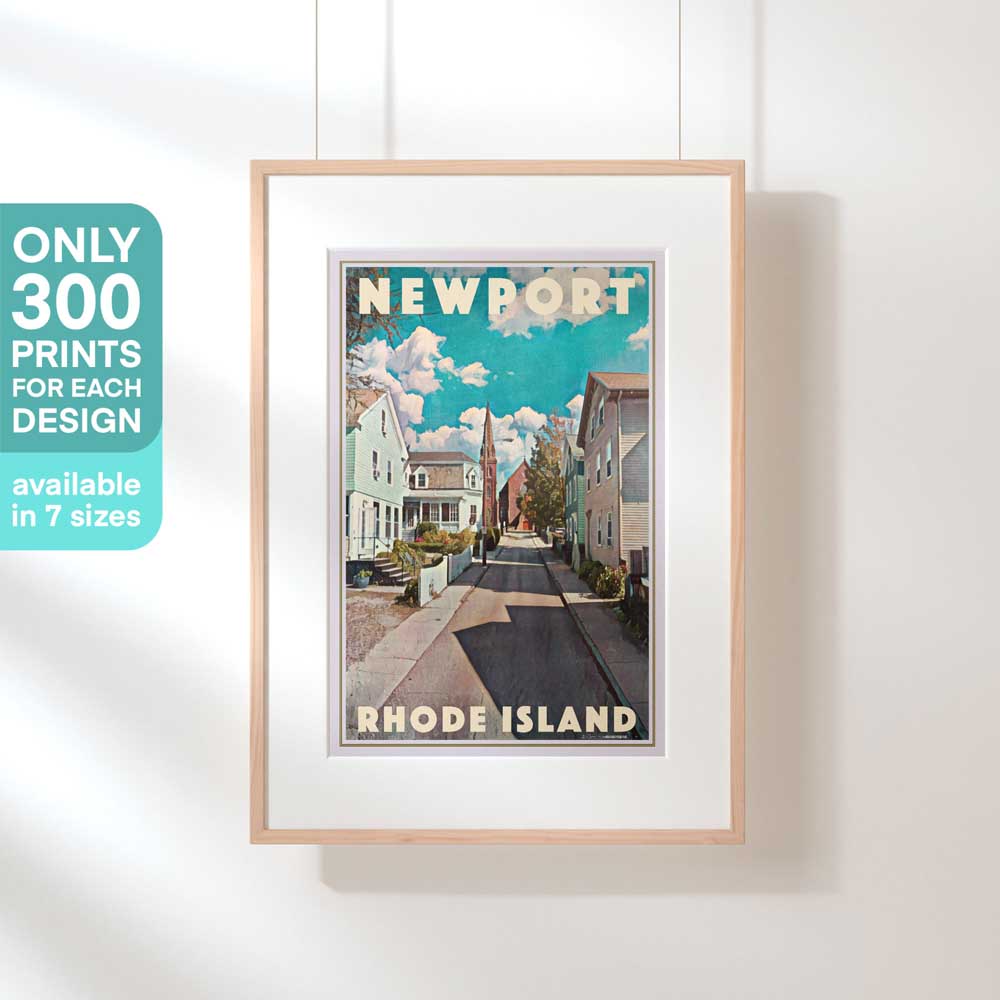 Newport Rhode Island Fair Street travel poster displayed in a hanging frame, limited edition highlighting colonial homes