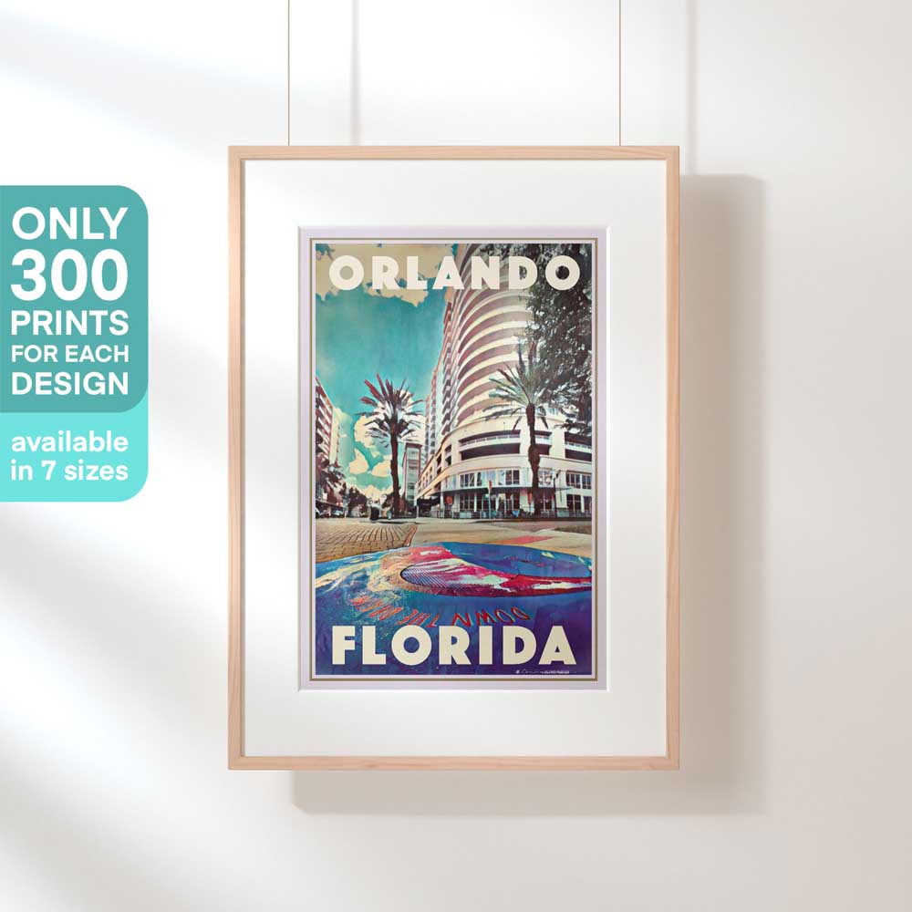 Affiche encadrée exclusive « Orlando Florida », faisant partie d'une série limitée de 300 pièces de l'artiste Alecse, célébrant le paysage urbain d'Orlando.