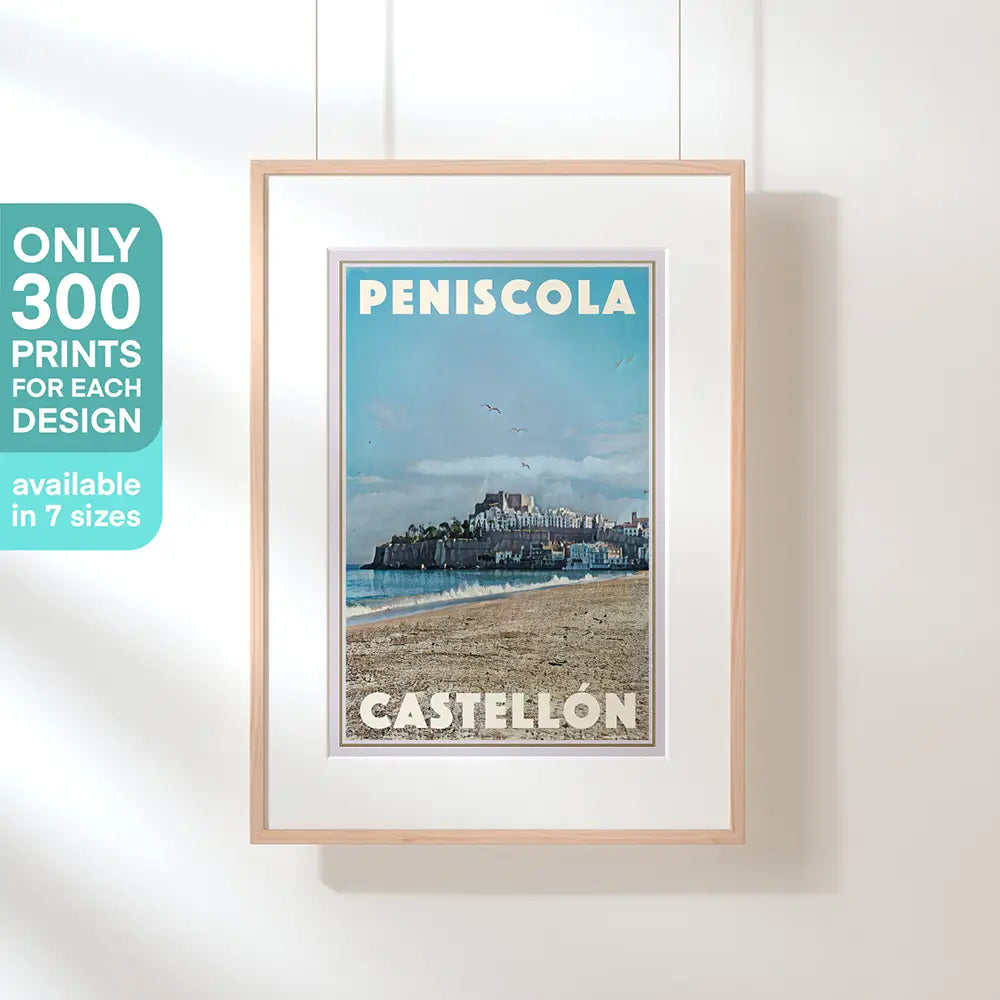 Peniscola vintage poster by Alecse framed and suspended on a white wall – Limited edition of 300 prints