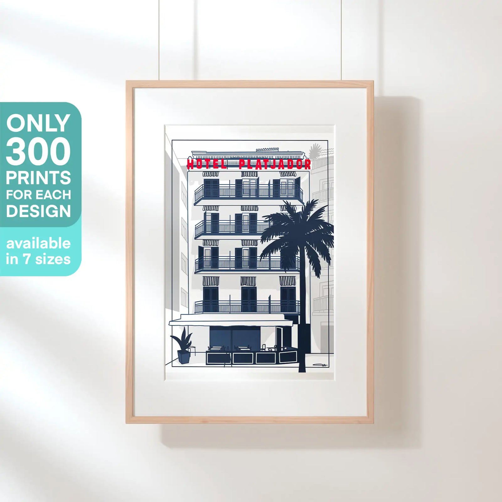 Framed poster of Platjador Hotel in Sitges, red sign, limited edition art print by Cha – part of the Spanish Capsule collection (300 copies only)