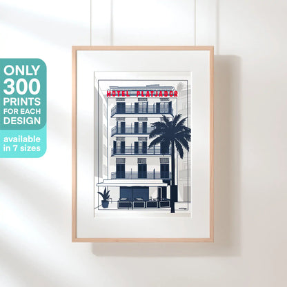 Framed poster of Platjador Hotel in Sitges, red sign, limited edition art print by Cha – part of the Spanish Capsule collection (300 copies only)