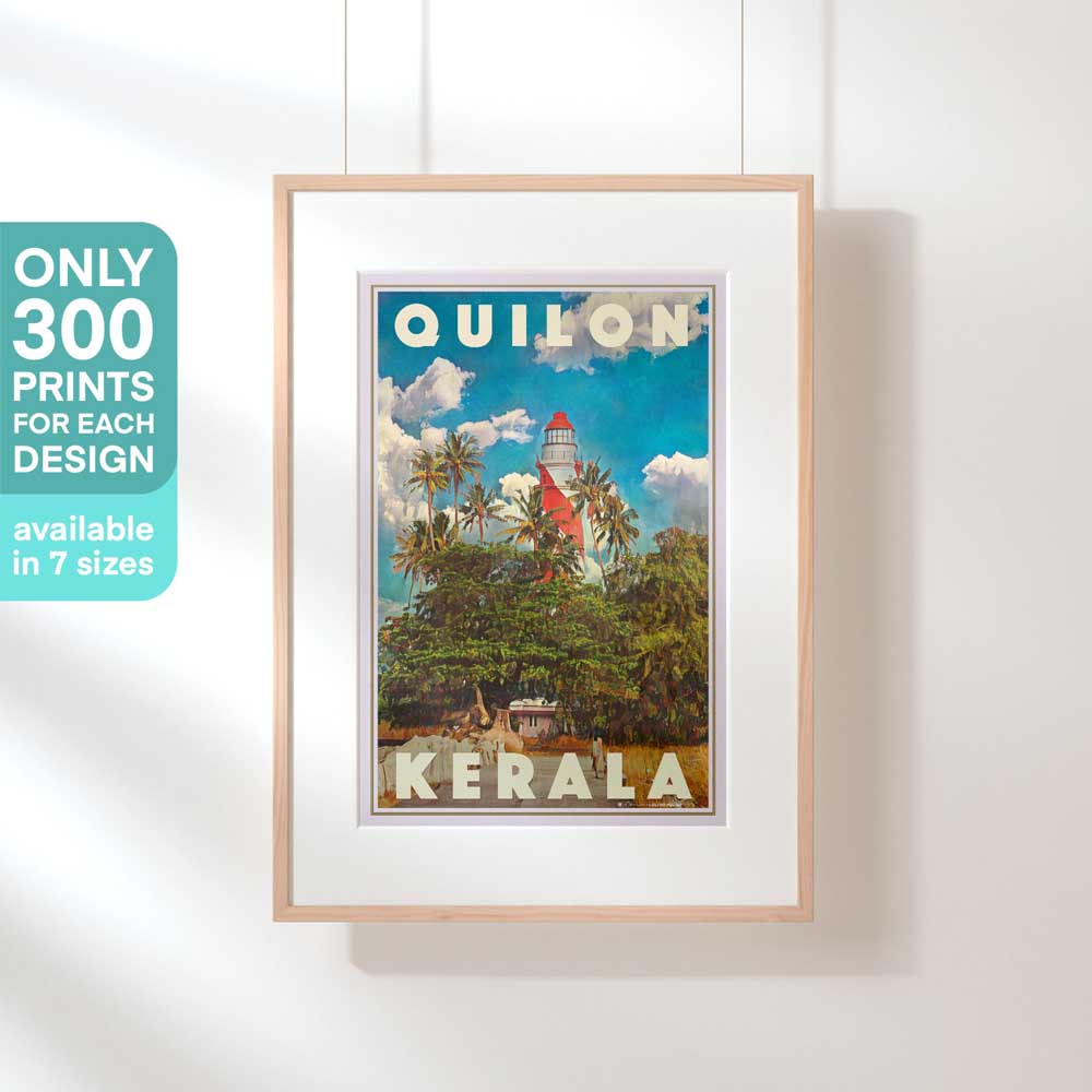 Hanging Quilon Kerala poster with text indicating it’s part of a 300 limited edition series, perfect for collectors and travel enthusiasts