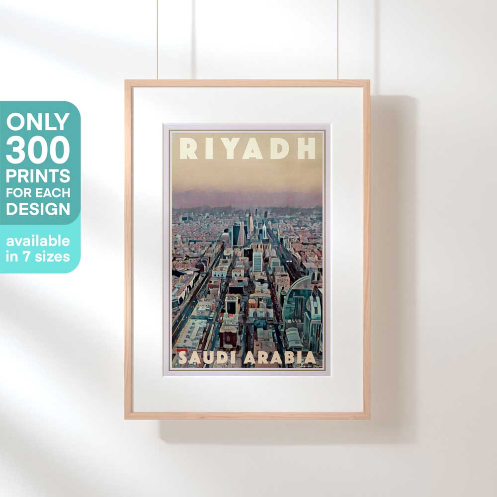 Limited edition Riyadh Skyline poster on display, capturing the essence of Saudi Arabia's capital.