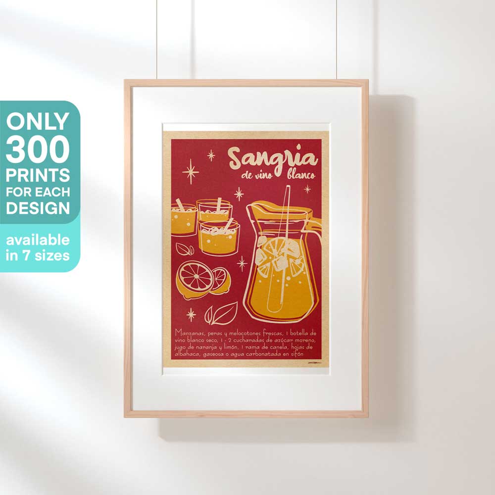 Framed Sangria de Vino Blanco Poster – A framed Sangria cocktail poster featuring a vintage design of white wine sangria in a pitcher with fruit-filled glasses. Limited to 300 prints across 7 sizes.