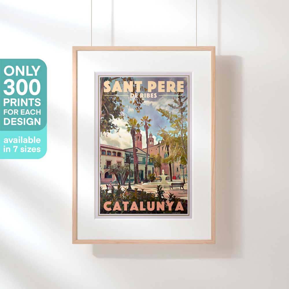 Limited Edition 'Sant Pere de Ribes' Poster by Alecse, framed and displayed, evoking the charm of Catalonia