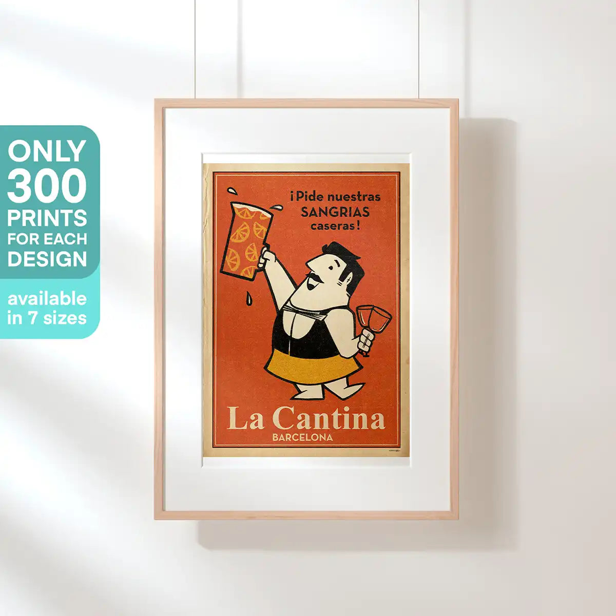 La Cantina Sangrias poster by Cha – limited edition of 300 prints, retro 1950s style with cheerful waiter holding a pitcher of sangria, part of the Spanish Capsule™ collection.
