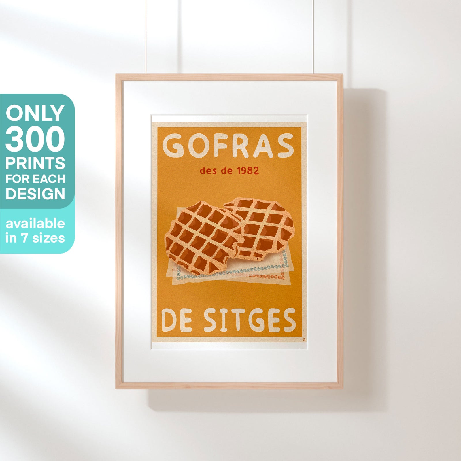 Sitges Waffles Poster by Cha with “Only 300 prints” label visible. Vintage food illustration featuring waffles in bold naive style. Spanish Capsule™ art print.