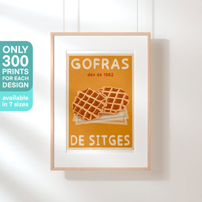 Sitges Waffles Poster by Cha with “Only 300 prints” label visible. Vintage food illustration featuring waffles in bold naive style. Spanish Capsule™ art print.