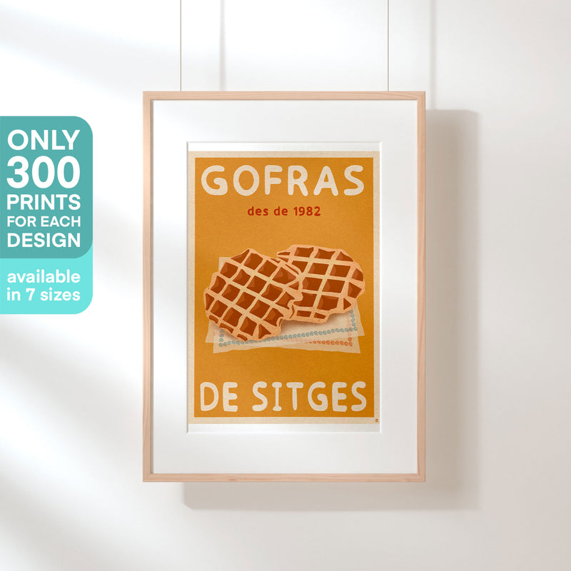 Sitges Waffles Poster by Cha with “Only 300 prints” label visible. Vintage food illustration featuring waffles in bold naive style. Spanish Capsule™ art print.