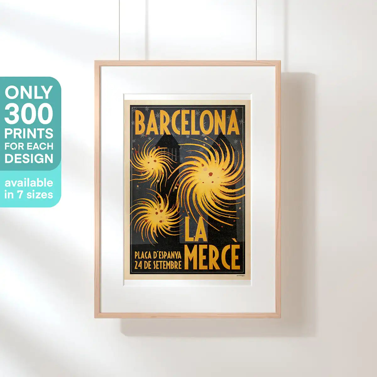 Framed vintage-style poster of La Mercè festival in Barcelona with stylized yellow fireworks on a black background – limited edition of 300ex art print by Cha.