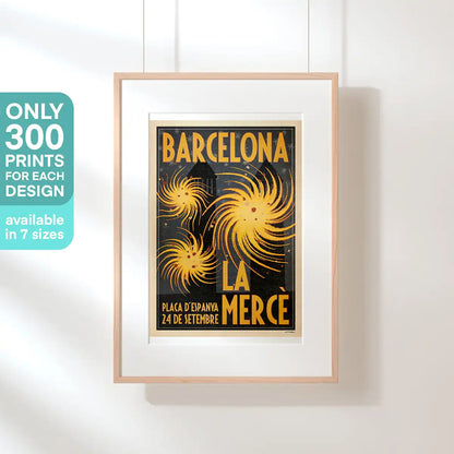 Framed vintage-style poster of La Mercè festival in Barcelona with stylized yellow fireworks on a black background – limited edition of 300ex art print by Cha.