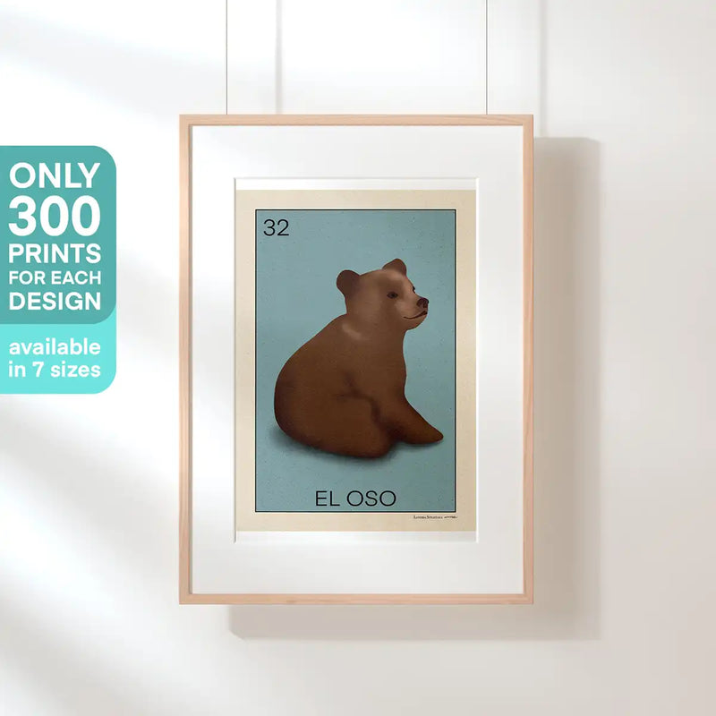 Framed art print of 'El Oso' from the Lotería Sitgetana collection by Cha, limited edition of 300 prints, available in multiple sizes