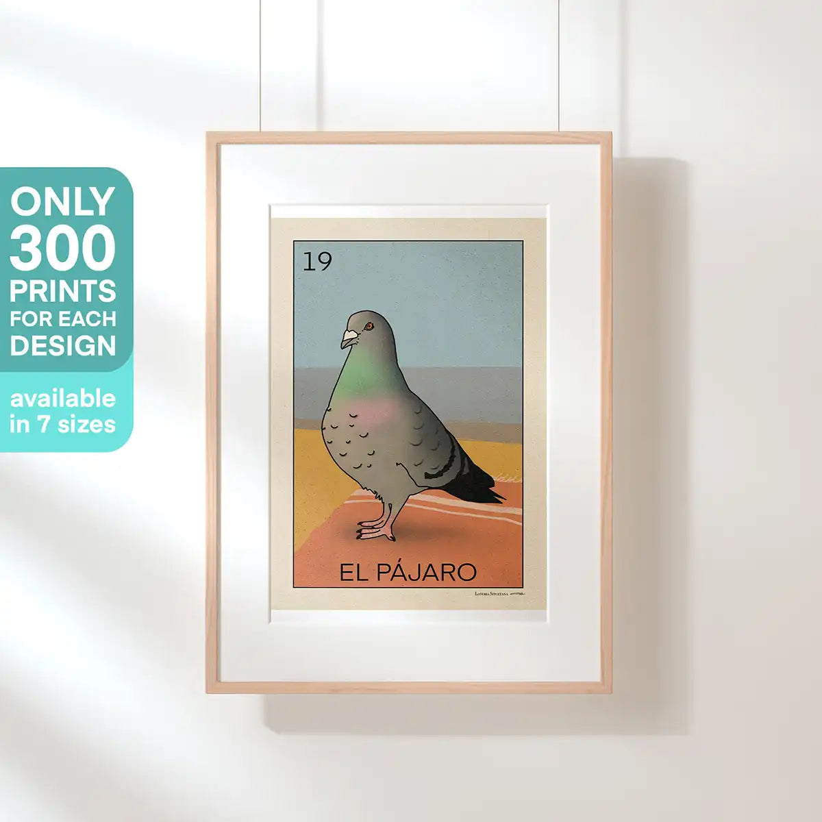 Framed art print of 'El Pájaro from the Lotería Sitgetana collection by Cha, limited edition of 300 prints, available in multiple sizes