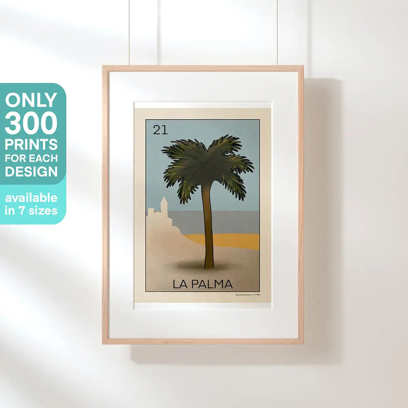 Limited edition Sitges poster titled La Palma, with palm tree and seafront view, part of the Lotería Sitgetana series by Cha – only 300 prints available in 7 sizes
