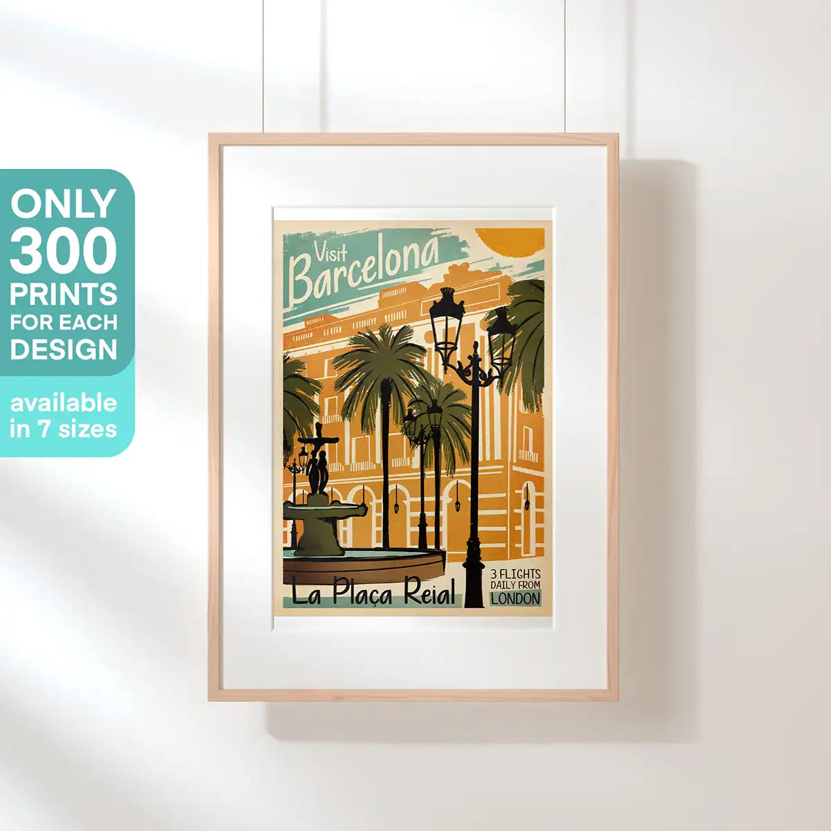 Framed poster of La Placa Reial in Barcelona with retro airline style – Spanish Capsule by Cha, limited edition