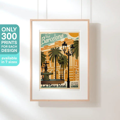 Framed poster of La Placa Reial in Barcelona with retro airline style – Spanish Capsule by Cha, limited edition