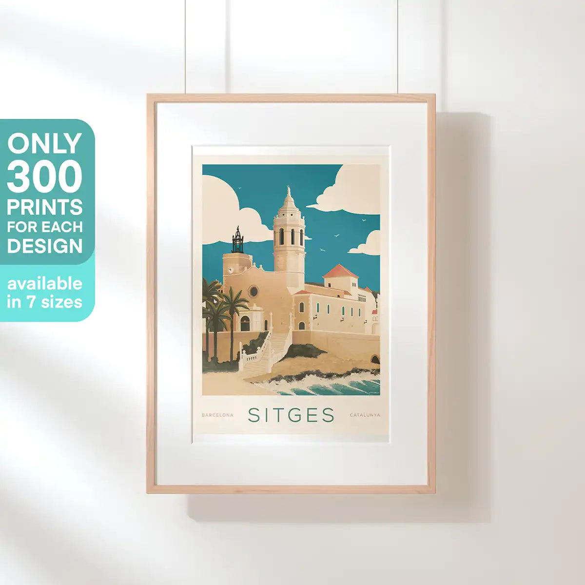Framed Sitges Church art poster showing “Sitges” title and paper texture – limited edition of 300
