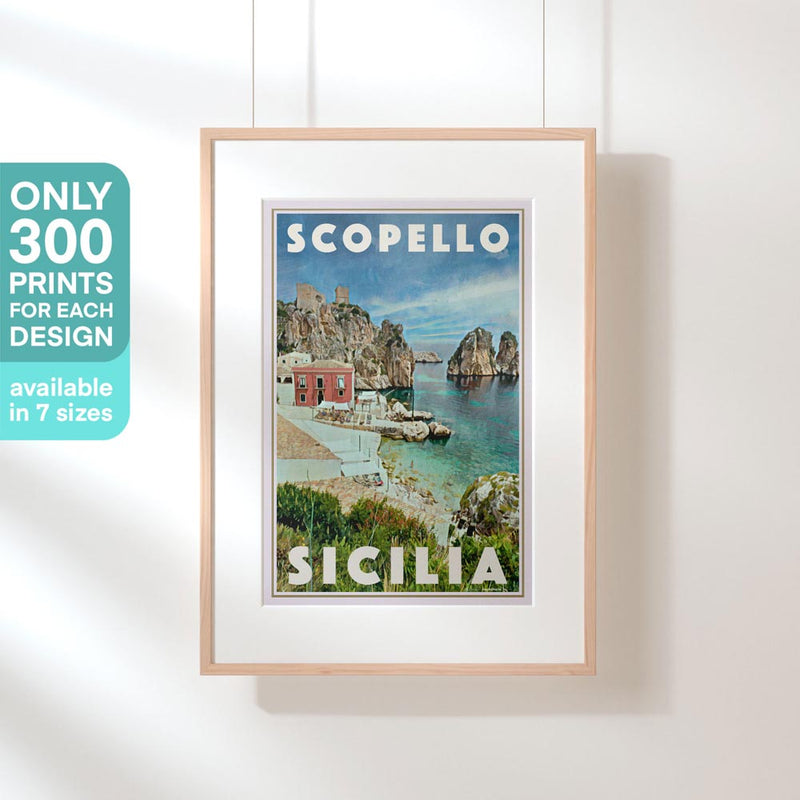 Framed vintage travel poster of Scopello, Sicilia, featuring the iconic tonnara, Faraglioni sea stacks, and Mediterranean coastline in a nostalgic halftone effect. Limited edition by Alecse