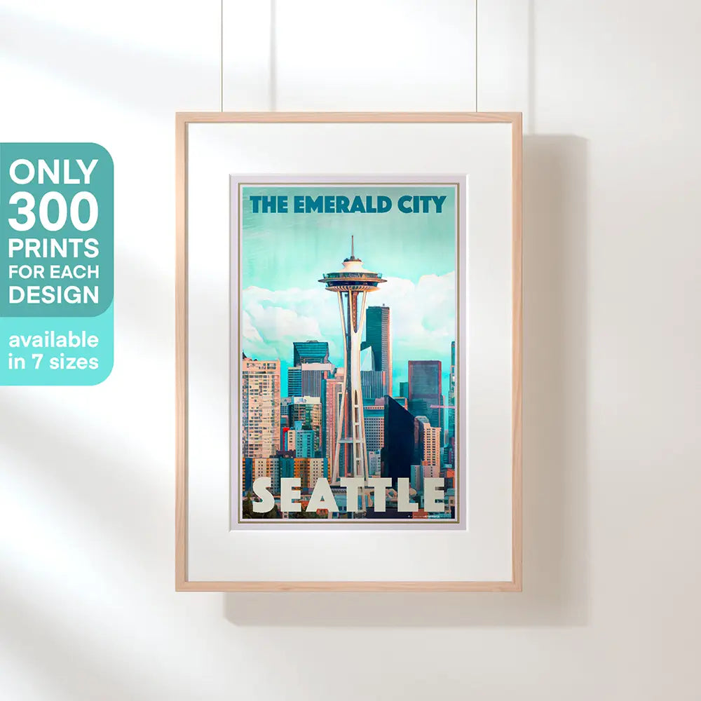 Framed retro-style Seattle poster titled The Emerald City – limited edition