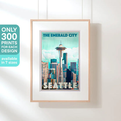 Framed retro-style Seattle poster titled The Emerald City – limited edition