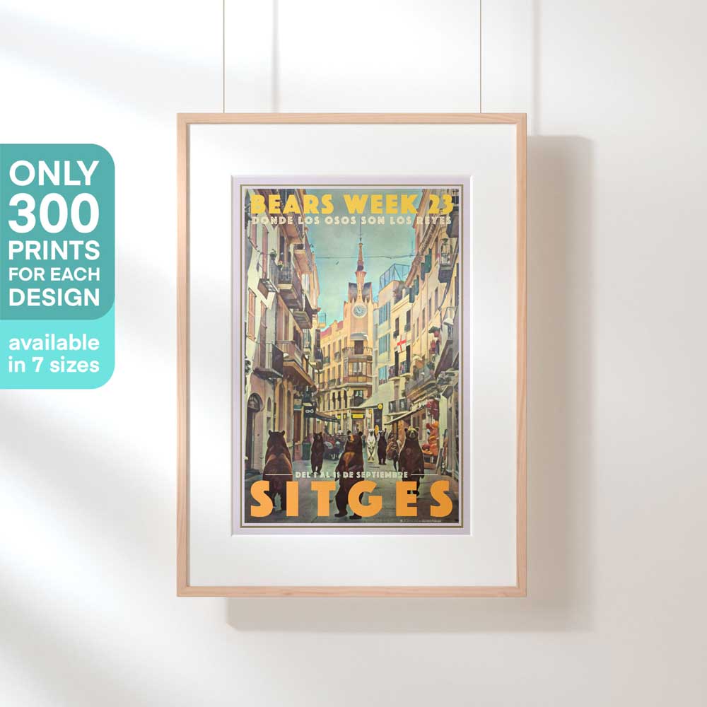 Sitges 'Bears Week 23' poster by Alecse™ displayed in a hanging frame with limited edition mention (300ex)
