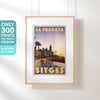 Hanging-frame with text indicating a 300 copies limited edition Sitges travel poster by Alecse