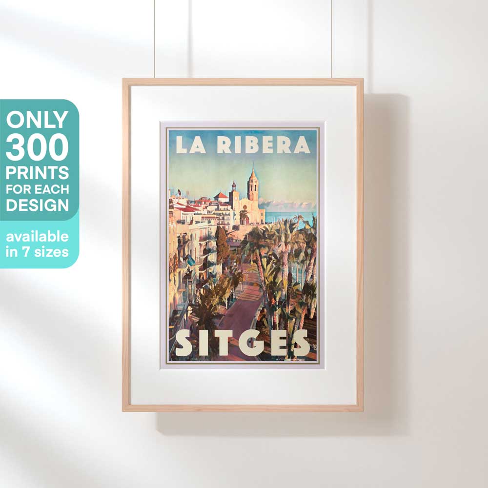 Sitges Ribera Winter travel poster in hanging frame highlighting limited edition status