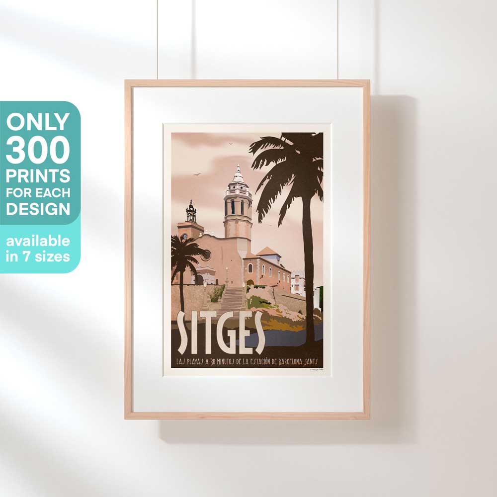 Sitges Rose retro poster hanging on a wall, a vintage travel art print of Sitges with Mediterranean architecture and warm sunset hues.